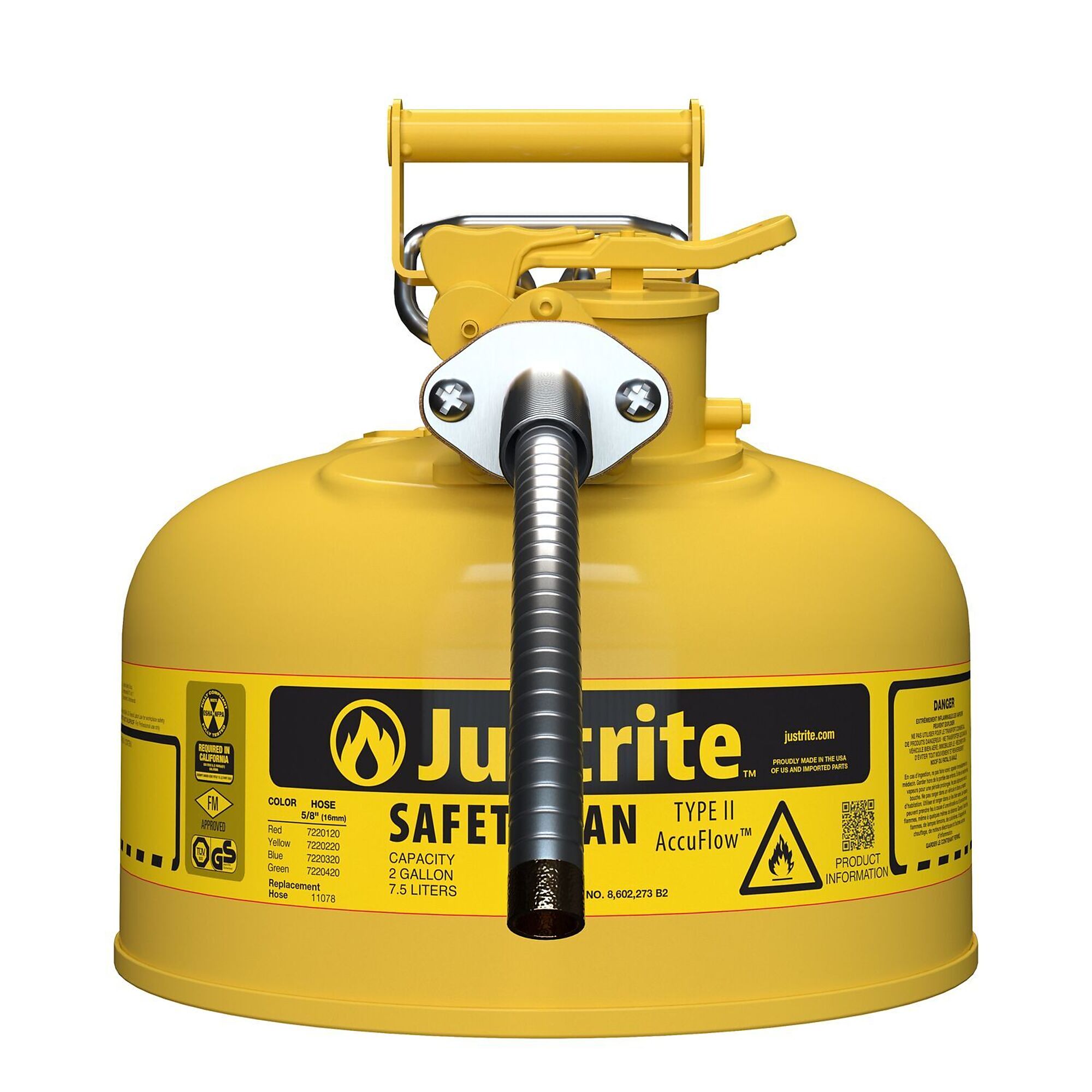 Type II AccuFlow„ Steel Safety Can for flammables, 2 gal., S/S flame arrester, 5/8" metal hose, Yel.